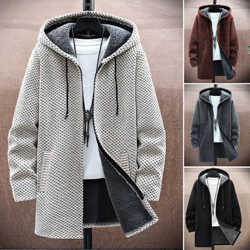 Riolio Autumn Winter Men Hooded Sweater Thicken Long Sleeve Drawstring Plush Lining Mid-Length Knitting Jacket Male Coat Streetwear